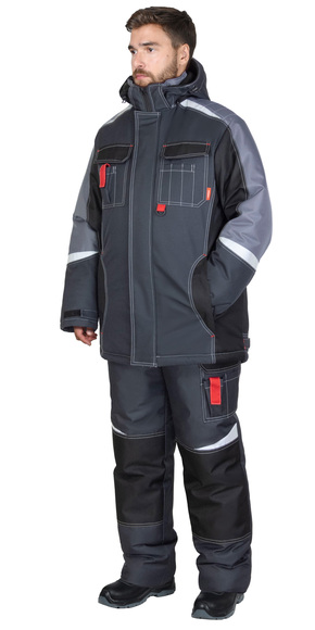 Костюм СИРИУС-ФАВОРИТ-МЕГА-М зимний, куртка дл., п/к, тёмно-серый с черным, средне-серой отд. и СОП