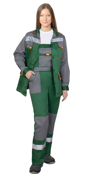 Костюм СИРИУС-УДАРНИЦА женский, куртка, п/к, зеленый со средне-серым с оранжевой отделкой и СОП